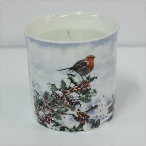 Christmas Robins Fine China Candle Holder with Scented Candle